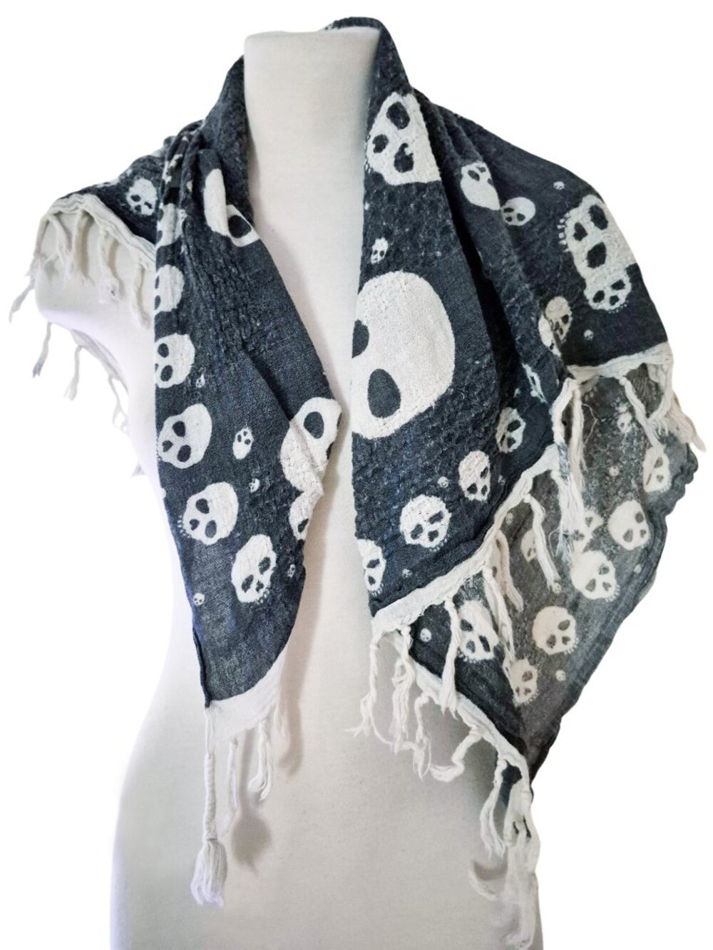 Zara RARE Skull Grunge Scarf Grey and White Textured Tassels - Picture 7 of 16